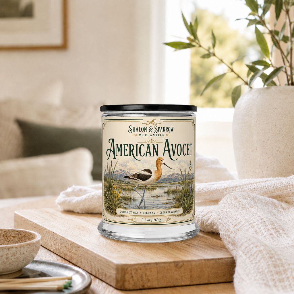 Close up of American Avocet candle label with bird inspired artwork
