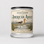 American Avocet sea salt and jasmine candle in glass jar with bird inspired label