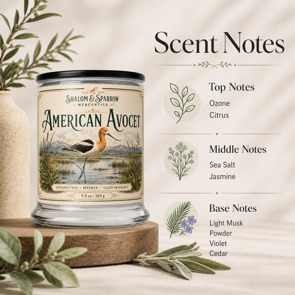 American Avocet candle scent notes with ozone, citrus, sea salt, jasmine, violet, cedar, powder, and light musk