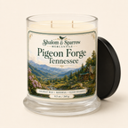 Close up of Pigeon Forge Tennessee candle label with mountain mercantile artwork