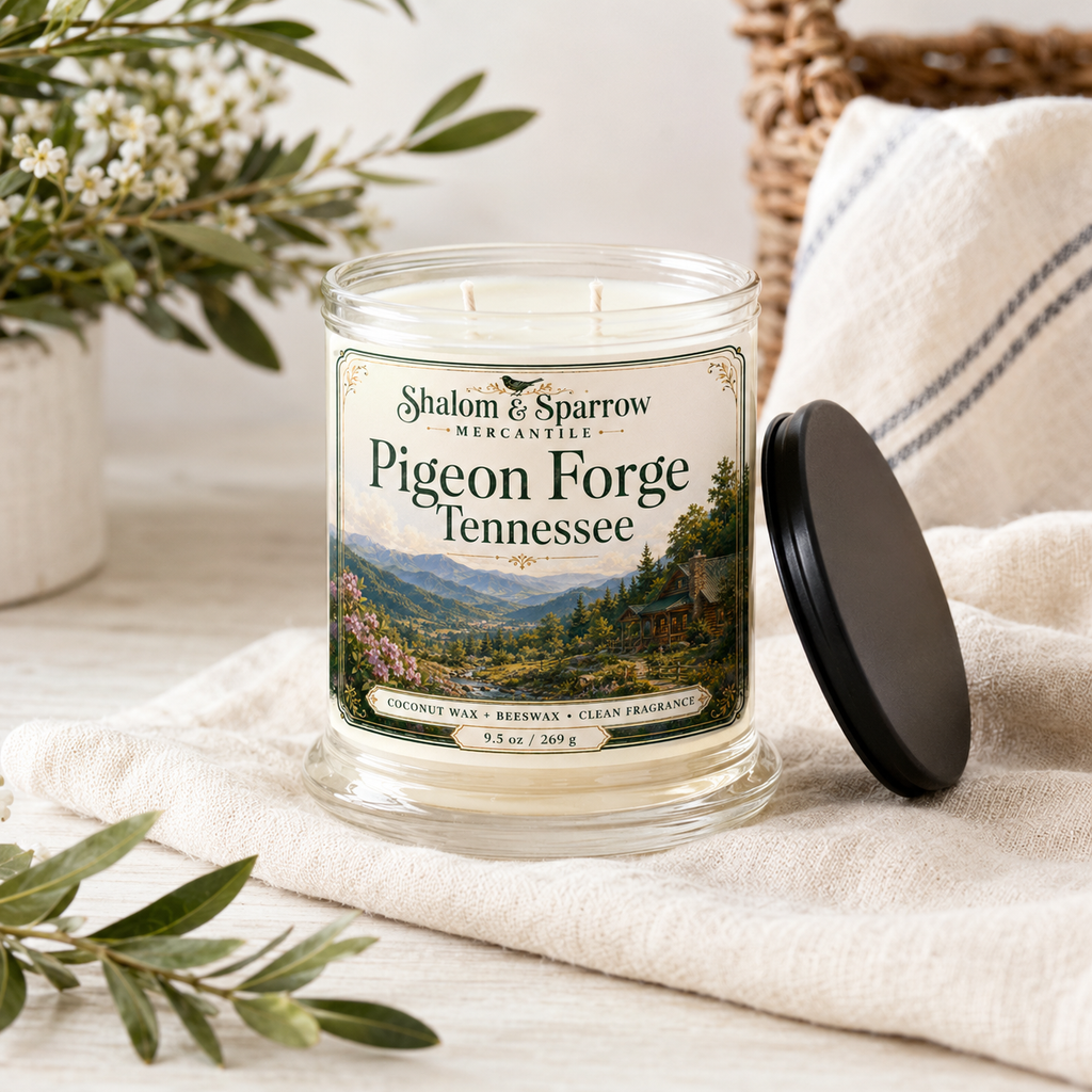 Pigeon Forge Tennessee candle styled in a cozy bright home setting