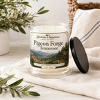 Pigeon Forge Tennessee candle styled in a cozy bright home setting