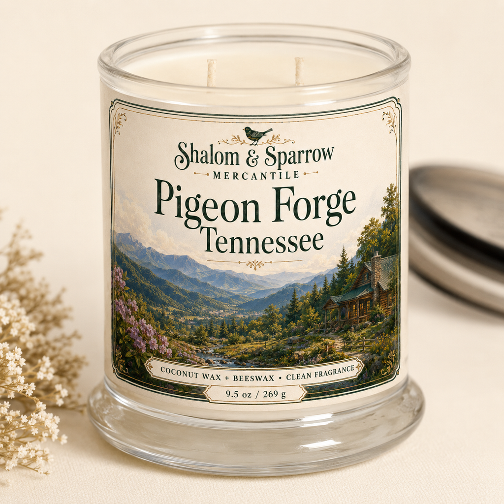 Pigeon Forge Tennessee clean fragrance candle by Shalom and Sparrow Mercantile