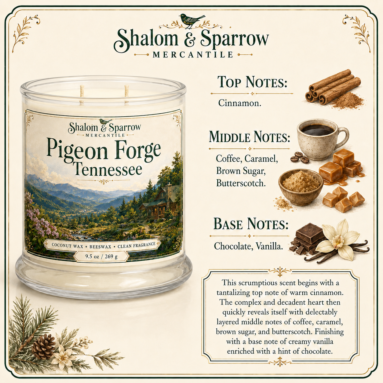 Pigeon Forge Tennessee candle scent notes with cinnamon coffee caramel brown sugar butterscotch chocolate and vanilla