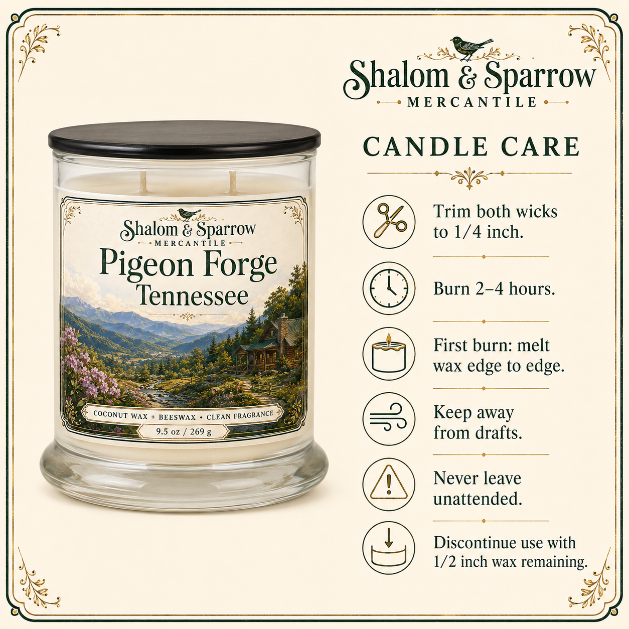 Candle care instructions for double wicked Shalom and Sparrow Mercantile candle