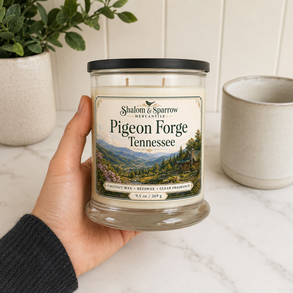 Pigeon Forge Tennessee 9.5 ounce candle shown for size and scale