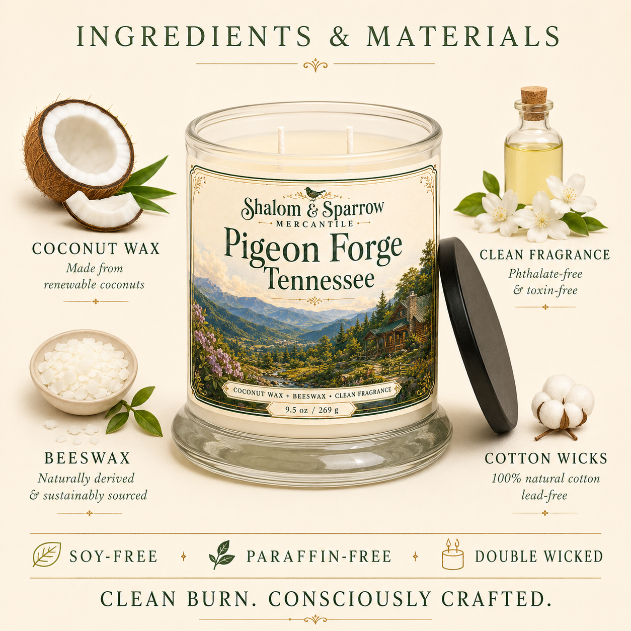 Coconut wax beeswax clean fragrance soy free and paraffin free candle details