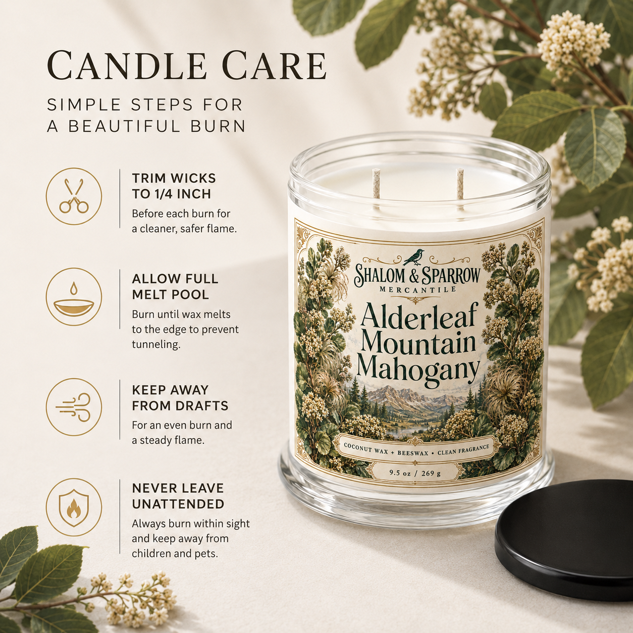 Candle care instructions for double wicked coconut wax and beeswax candle
