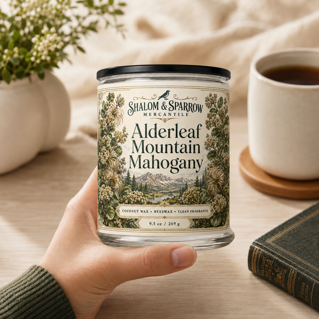 Alderleaf Mountain Mahogany 9.5 oz candle shown for size and scale