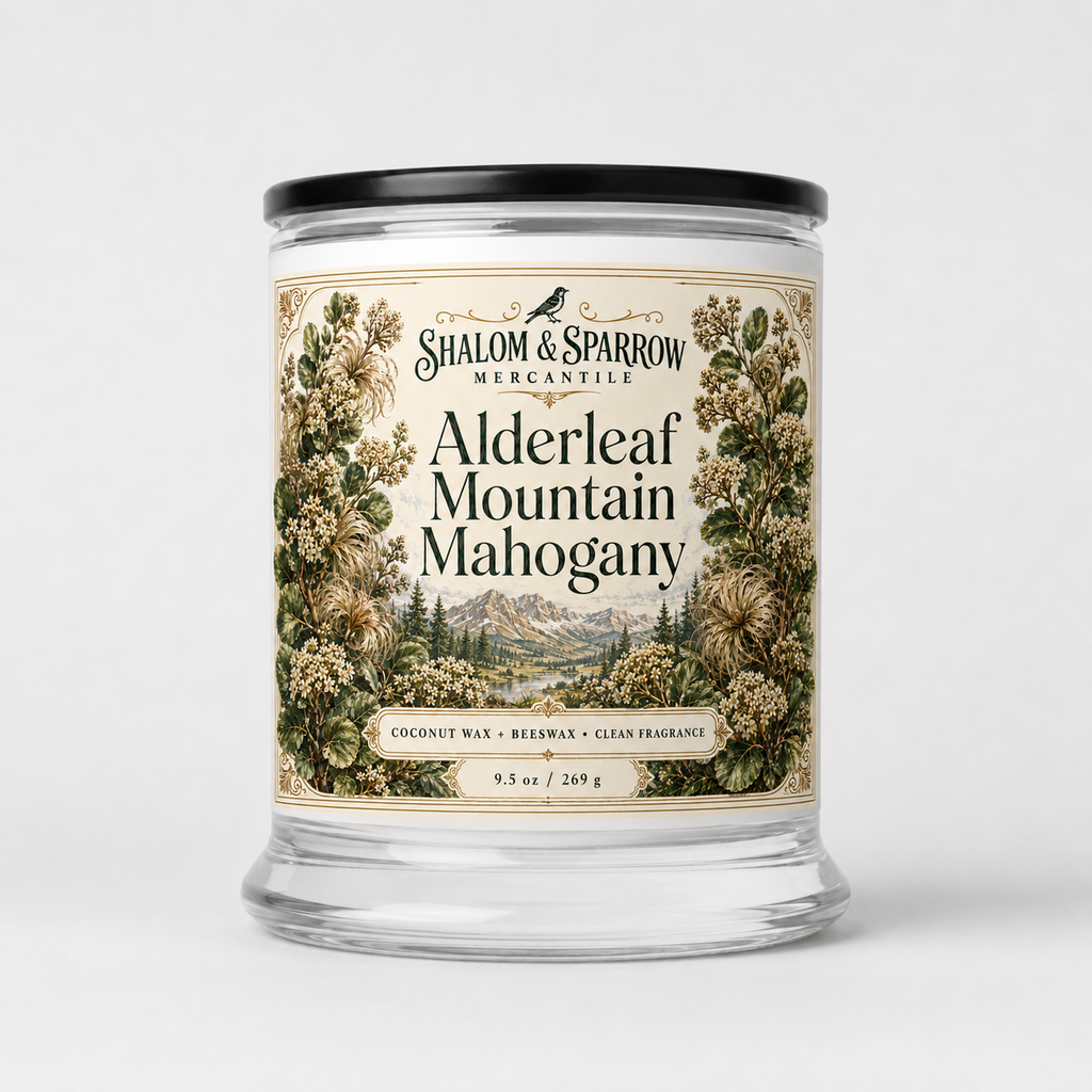 Alderleaf Mountain Mahogany teakwood and leather candle in glass jar with flora inspired label