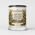 Alderleaf Mountain Mahogany teakwood and leather candle in glass jar with flora inspired label