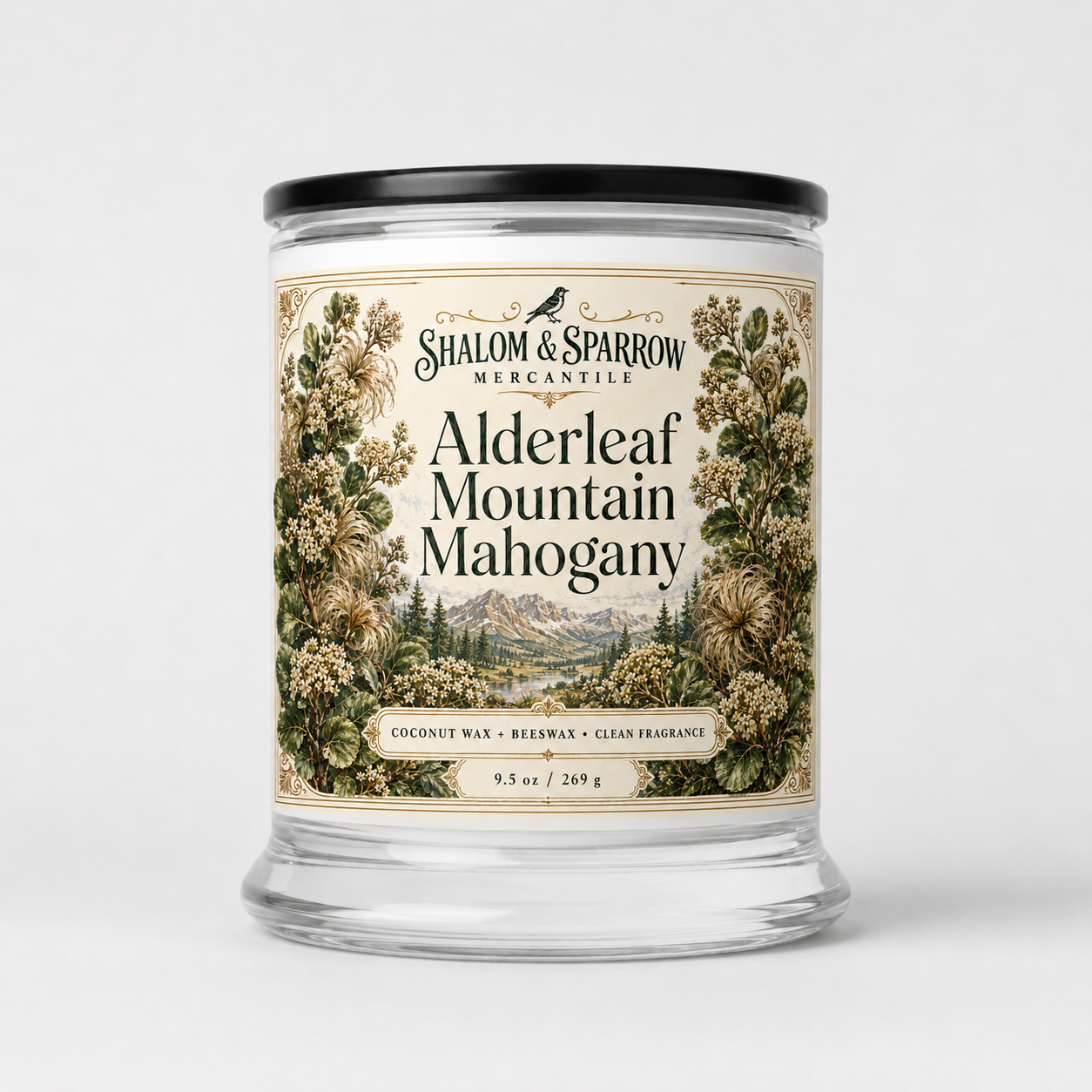 Alderleaf Mountain Mahogany teakwood and leather candle in glass jar with flora inspired label