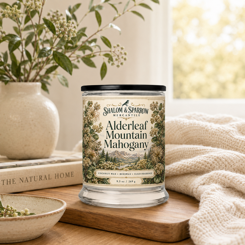 Alderleaf Mountain Mahogany woody candle styled in a warm bright home setting