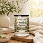 Alderleaf Mountain Mahogany woody candle styled in a warm bright home setting