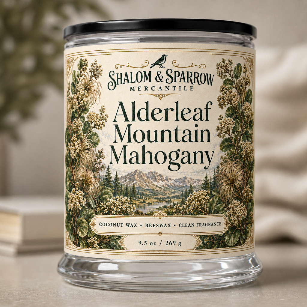 Close up of Alderleaf Mountain Mahogany candle label with botanical flora artwork