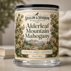 Close up of Alderleaf Mountain Mahogany candle label with botanical flora artwork