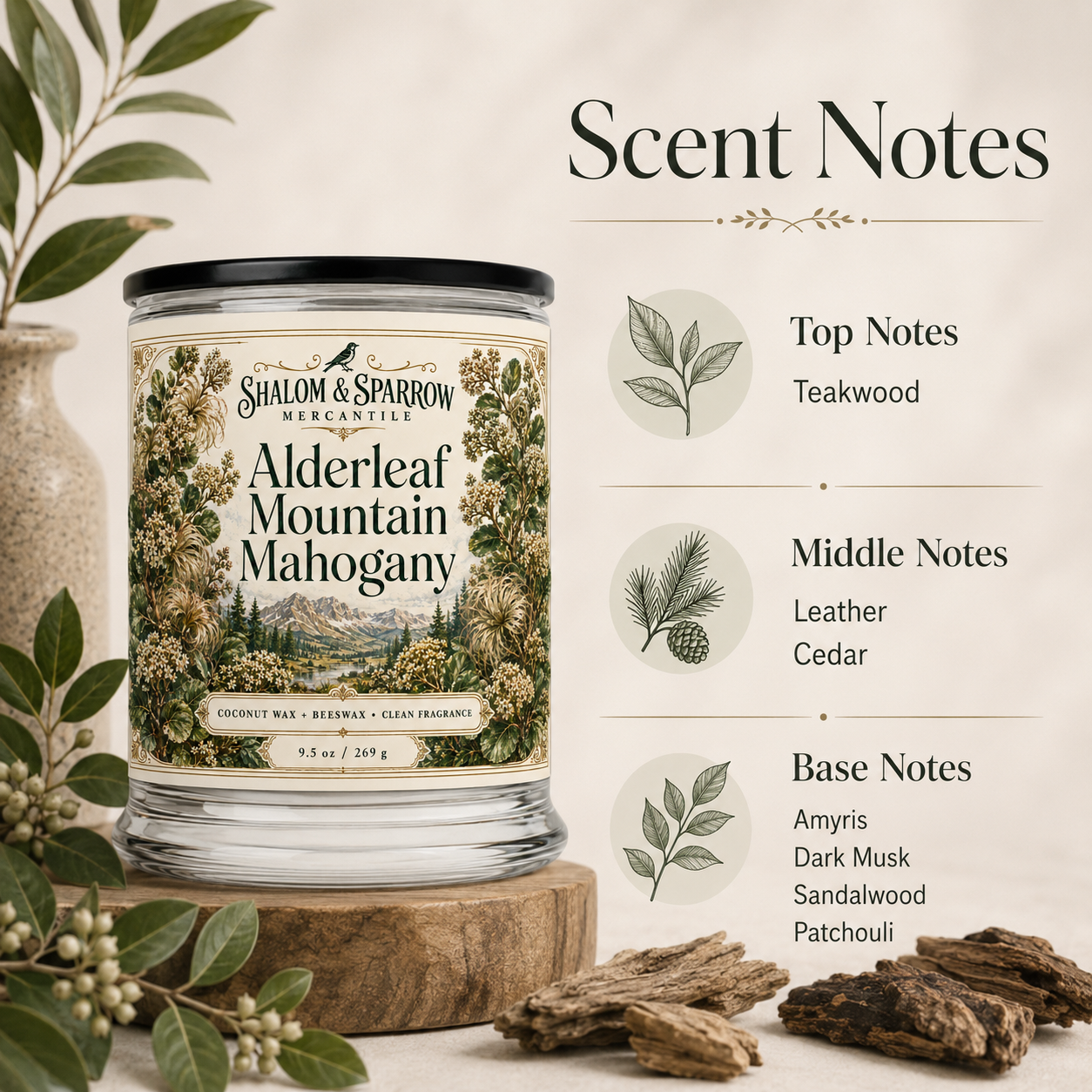 Alderleaf Mountain Mahogany candle scent notes with teakwood, leather, cedar, amyris, dark musk, sandalwood, and patchouli