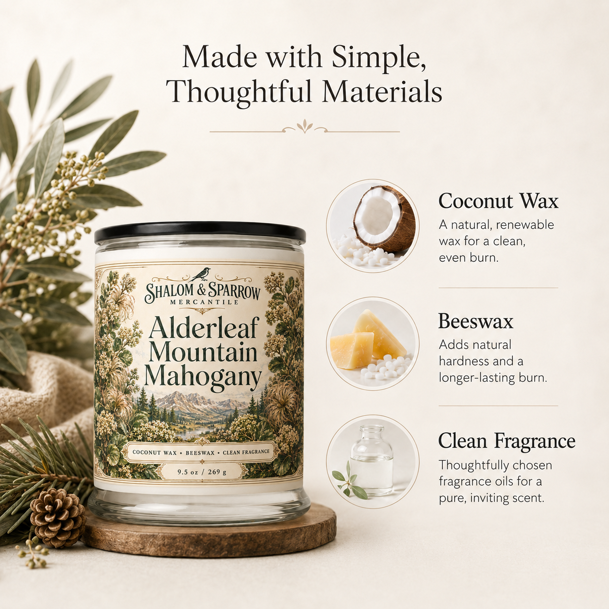 Shalom and Sparrow Mercantile candle made with coconut wax, beeswax, and clean fragrance