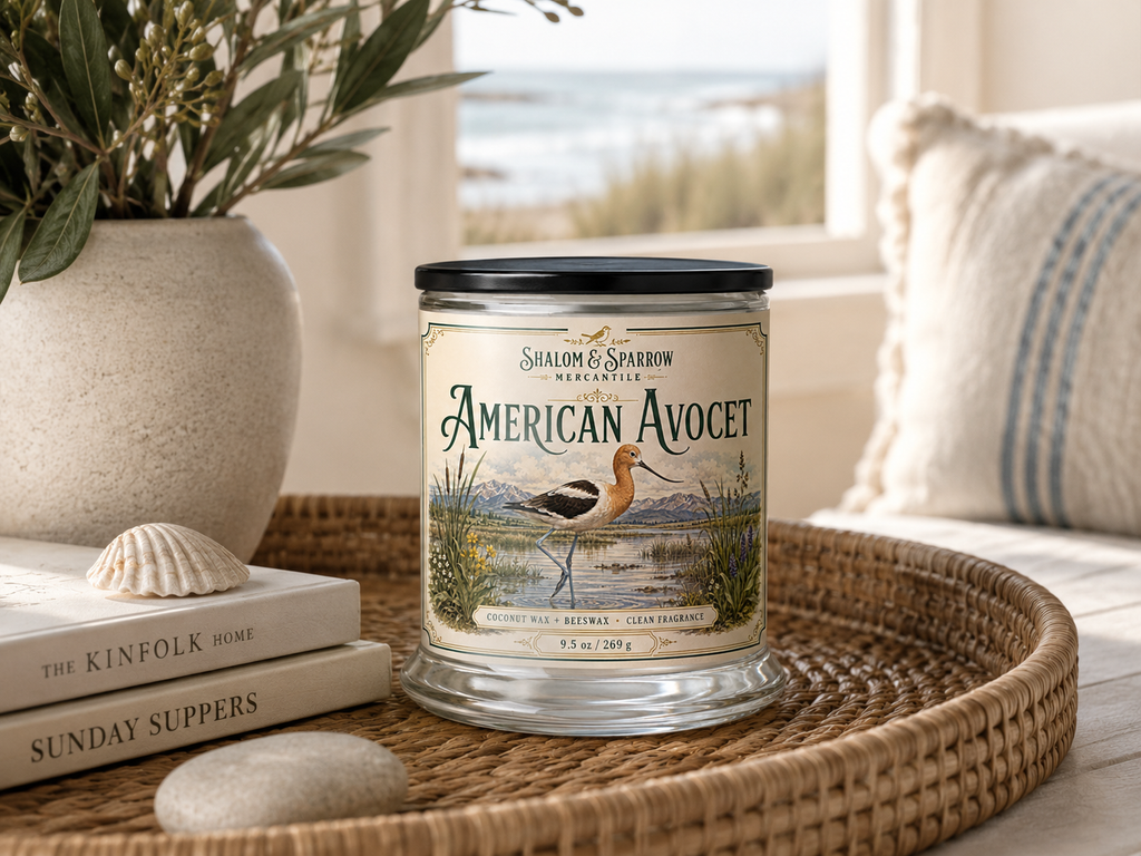 American Avocet fresh coastal candle styled in a bright home setting